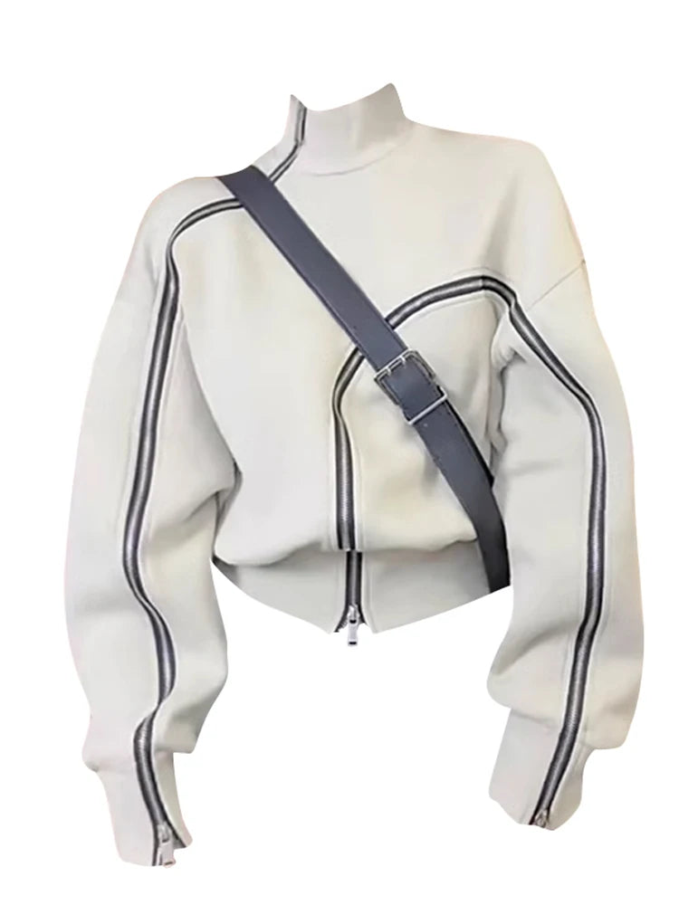 Advbridge Autumn Winter Women Long Sleeve Turtleneck Sweatshirts American Vintage Pullovers Designer 2000s Aesthetic Zipper Design Y2k New Sabrina Neck Pullover