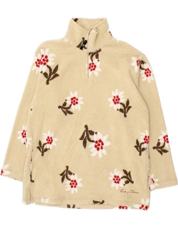 CONTE OF FLORENCE Womens Zip Neck Fleece Jumper UK 16 Large Beige Floral High Neck Crew Neck V-Neck