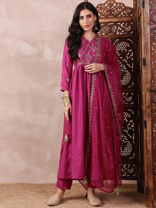 Ahika Women Pink Silk Blend Solid Embroidered A-Line Kurta Trouser With Dupatta-PKSKD2411 Trousers sophisticated sleek
