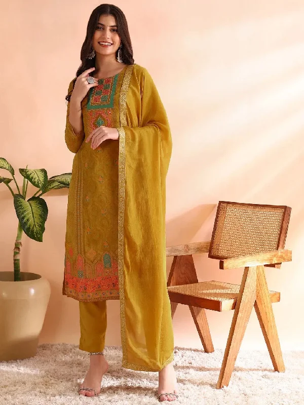 Ahika Women Mustard Silk Blend Abstract Woven Design Straight Kurta Trousers With Dupatta-PKSKD2583 Trousers Lace Delicate