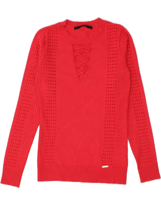 GUESS Womens Boat Neck Jumper Sweater UK 8 Small Pink Viscose Knit Fabric Woven Fabric Fleece Fabric