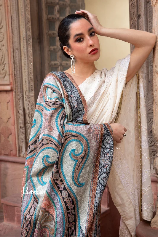 Pashtush Womens Kalamkari Shawl with Hand Embroidered Outline Work, Soft Fine Wool Fashionable Silk Shawl Wrap