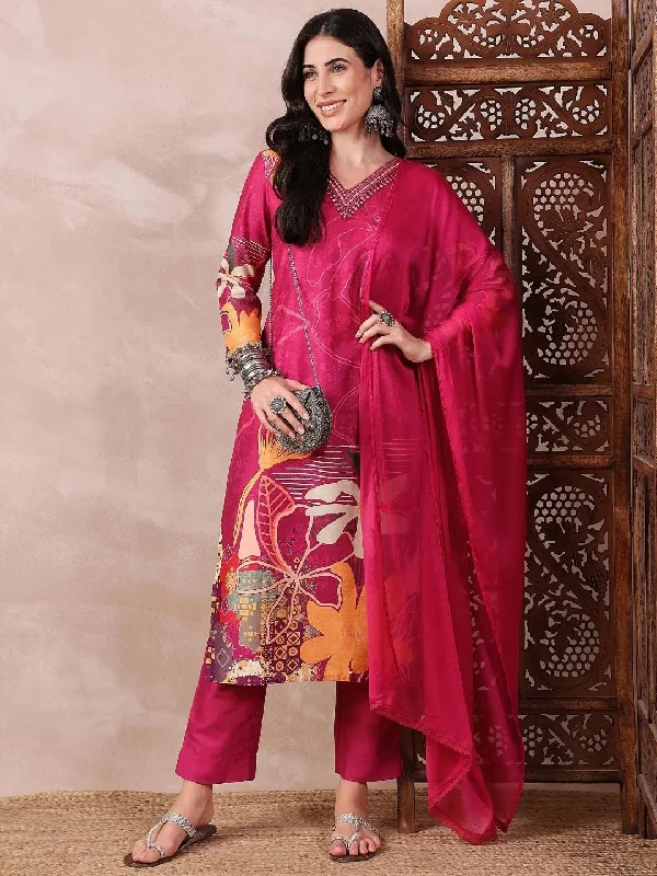 Ahika Women Pink Silk Blend Floral Printed Straight Kurta Trouser With Dupatta-PKSKD2518PNK Trousers Culottes Wide Leg