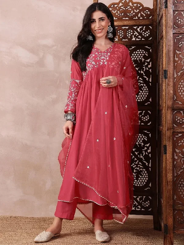 Ahika Women Red Cotton Blend Solid Embroidered A-Line Kurta Trouser With Dupatta-PKSKD2375 Trousers stylish modern