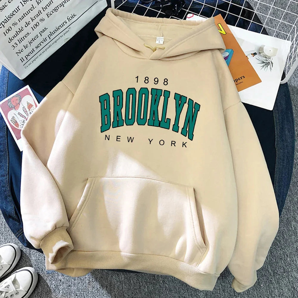 Advbridge 1898 Brooklyn New York Printed Women Hoodies Fashion Fleece Hoody Creativity Pullover Clothing Street Loose Official-Website Faux Fur Trim