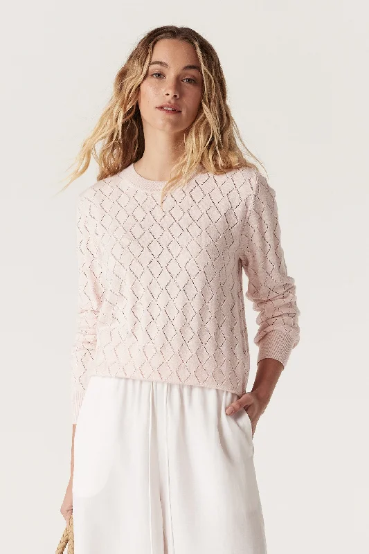 Cotton Cashmere Crew Jumper - Pale Pink Cable Knit Ribbed Knit Lace Knit