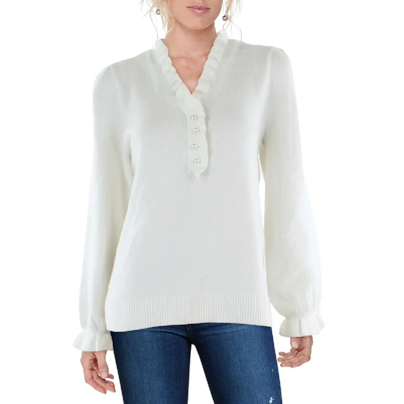 Womens Cotton Blend Embellished Pullover Sweater Flutter Sleeve Feminine