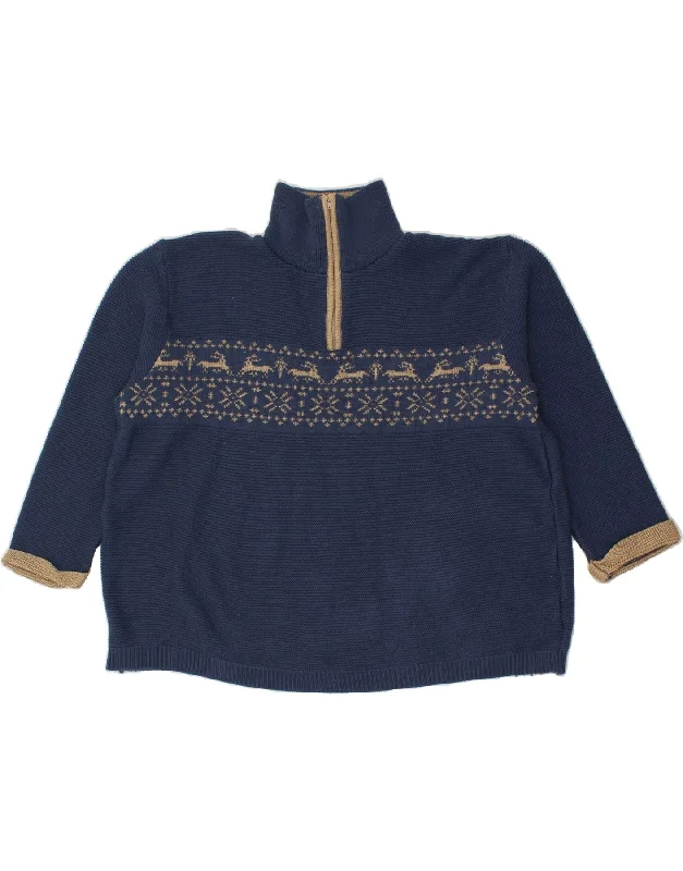 VINTAGE Womens Zip Neck Jumper Sweater UK 24 3XL Navy Blue Fair Isle Tailored Straight A-Line