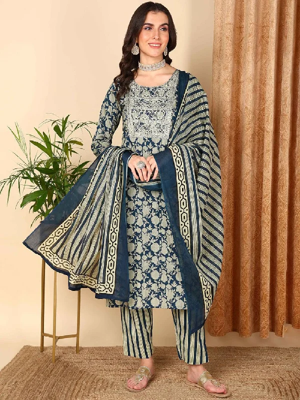 Navy Blue Rayon Blend Floral Embroidered Straight Kurta Trousers With Dupatta Trousers luxurious premium