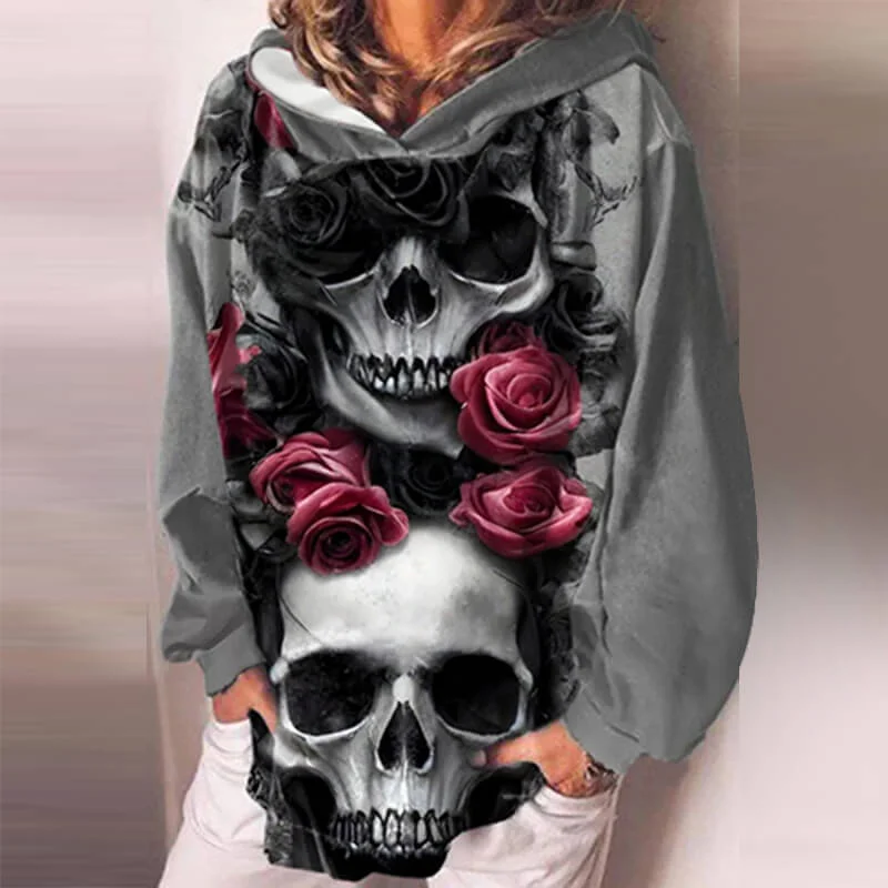 Gothic Skull Print Pullover Hoodie Short Puff Sleeve