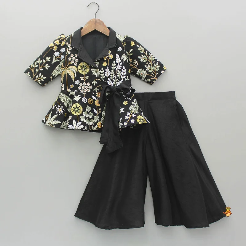 Pre Order: Embroidered Black Jacket Style Top And Flared Palazzo Cotton Jacket Linen Jacket Terry Jacket