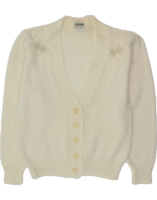 VINTAGE Womens Cardigan Sweater EU 44 XL White Acrylic Striped Floral Plaid