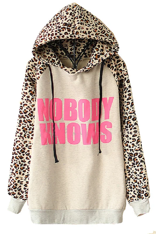 New Latest Autumn Hoodies Women Sweatshirt Fashion Pullovers Light Grey NOBODY KNOWS Print Hooded Leopard Casual Sweatshirt Thin Wool Pullover