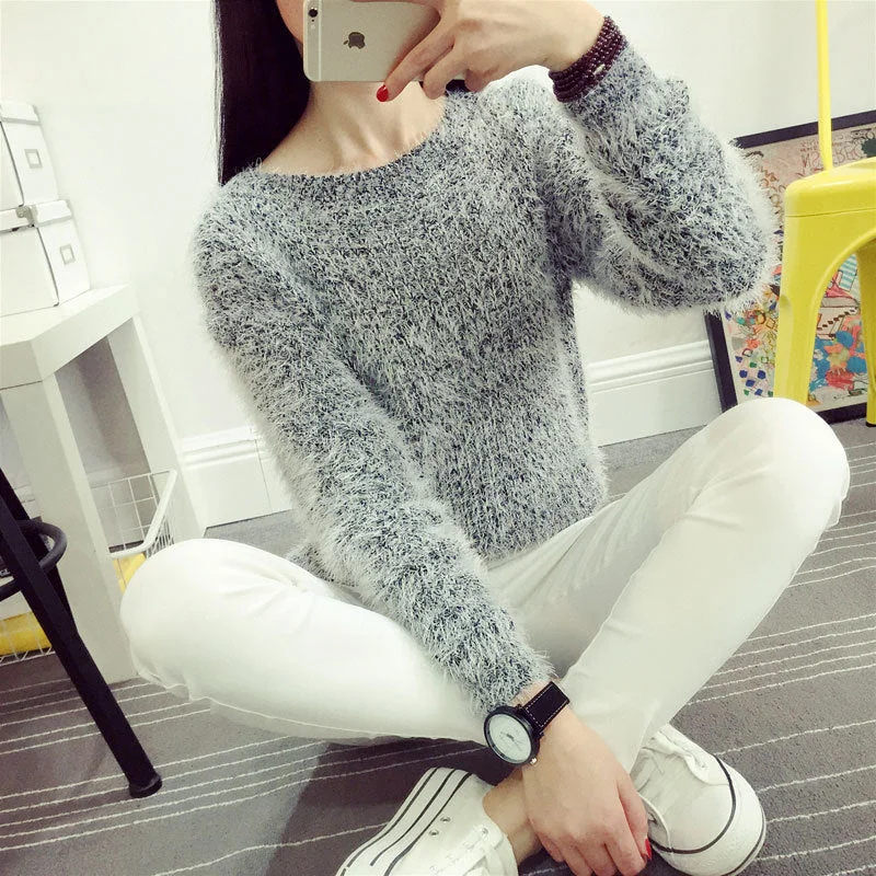 WILUXE  Women Candy Colors Sweaters Fashion Autumn Winter Warm Mohair O-Neck Pullover Long Sleeve Casual Loose Sweater Knitted Tops Chenille Brocade Lace