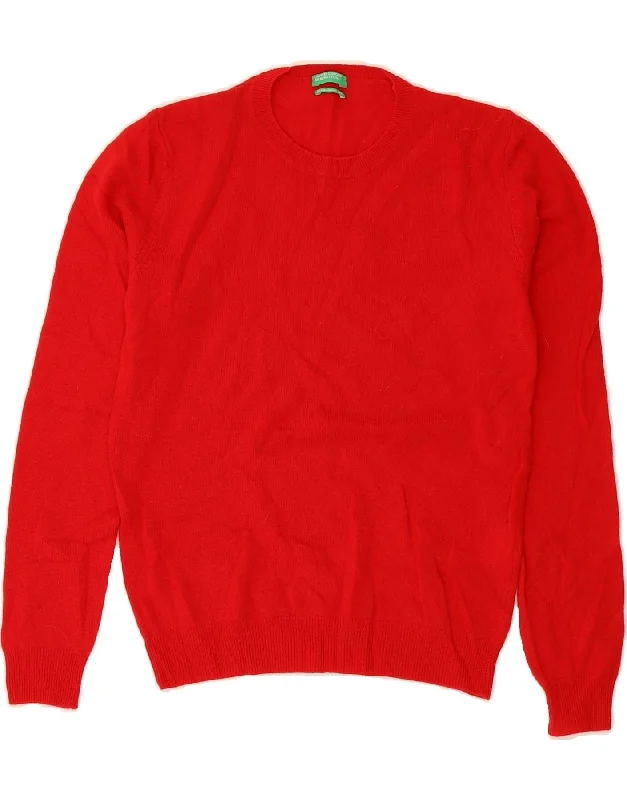 BENETTON Womens Crew Neck Jumper Sweater UK 10 Small Red Wool Cashmere Blend Cotton Blend Poly Blend