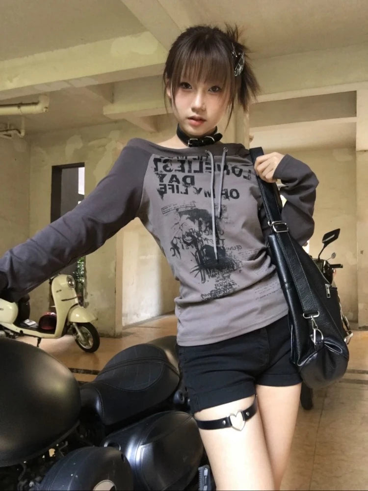 Advbridge Grunge Vintage Streetwear Hoodie Women American Retro Y2k Harajuku Sexy Aesthetic Loose Pullovers Irrgular Slim-fit Tees Blouson Sleeve Pullover