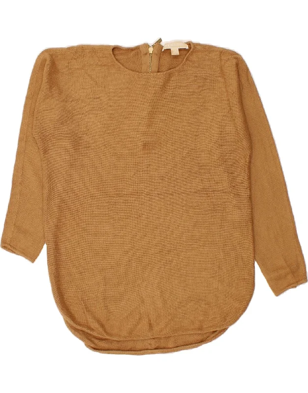 MICHAEL KORS Womens Crew Neck Jumper Sweater UK 14 Medium Beige Collared Crew Neck Turtle Neck