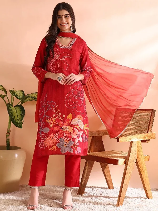 Ahika Women Red Silk Blend Floral Printed Straight Kurta Trousers With Dupatta-PKSKD2455 Trousers practical easy-care