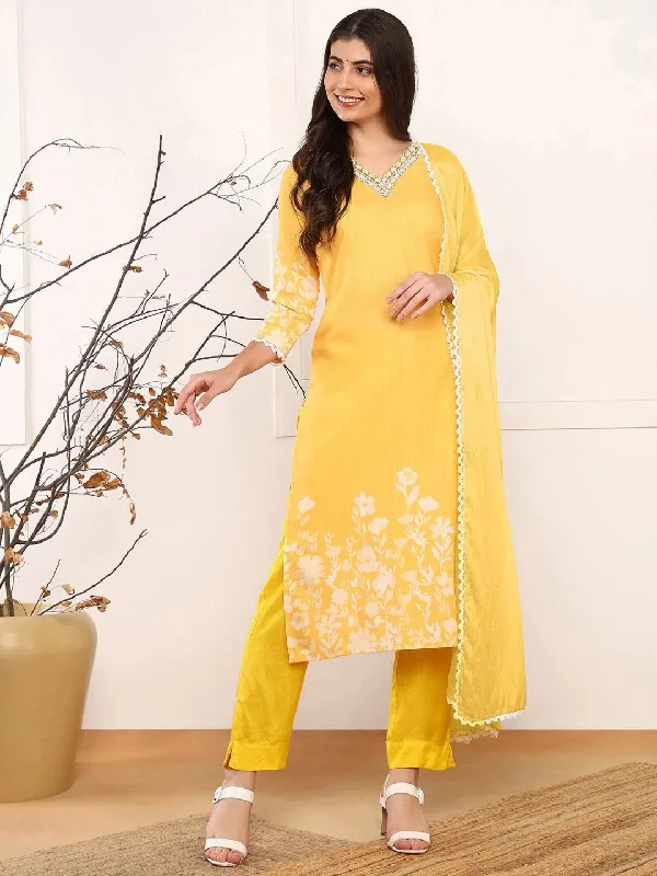 Ahika Women Yellow Cotton Blend Floral Printed Straight Kurta Trouser With Dupatta-PKSKD2495YLW Trousers Chinos Classic