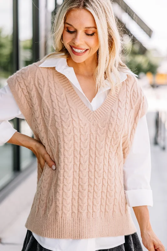 Take Your Chance Taupe Brown Cable Knit Sweater Vest Graphic Sweater Embroidered Appliqued