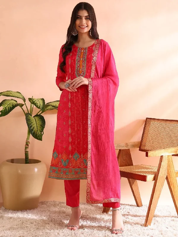 Ahika Women Pink Chanderi Silk Ethnic Motifs Woven Design Straight Kurta Trousers With Dupatta-PKSKD2584 Trousers Polka Dot Cute