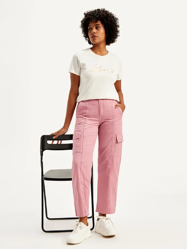 Women's Mid Rise Pink Tapered Cargo Trousers Trousers Chinos Classic