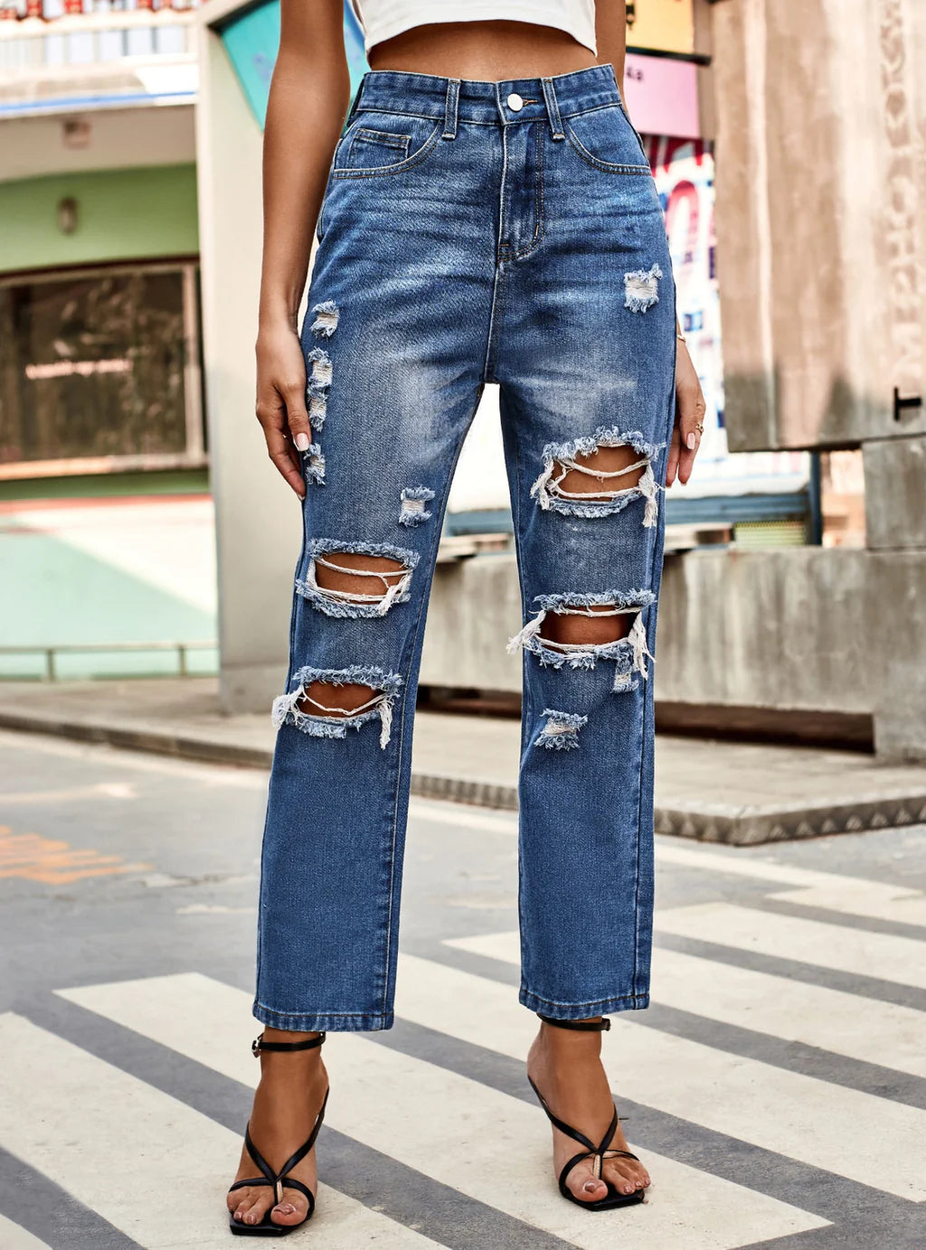 HOLE STRAIGHT CROPPED TROUSERS JEANS Trousers Travel Practical