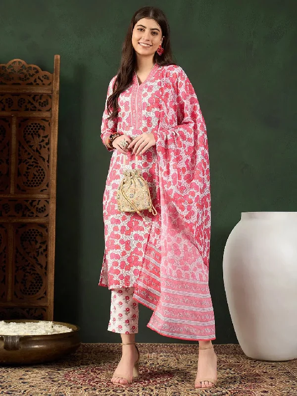 Ahika Women White Rayon Blend Floral Printed Straight Kurta Trouser With Dupatta-VKSKD2240 Trousers sophisticated sleek