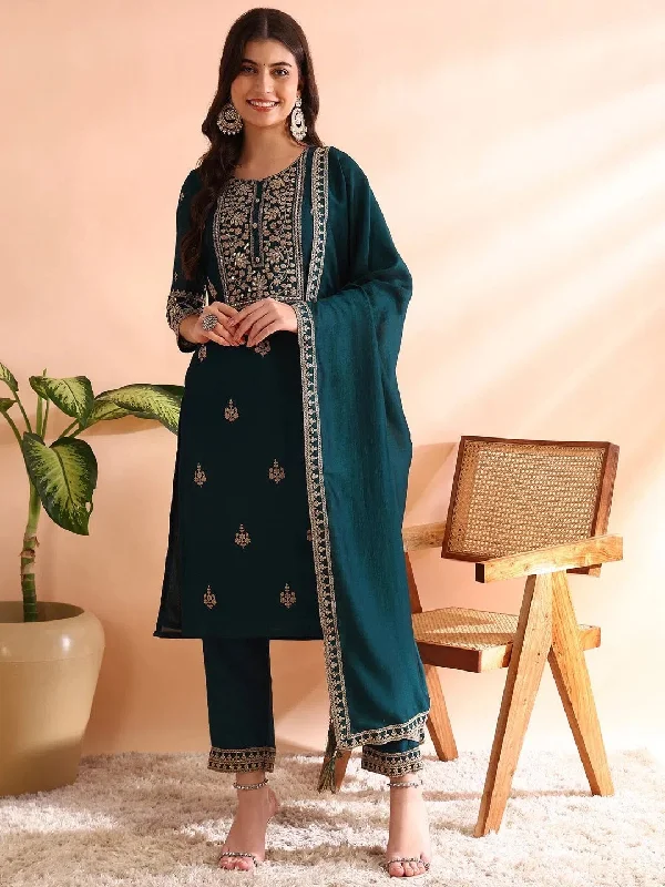 Ahika Women Teal Silk Blend Solid Embroidered Straight Kurta Trousers With Dupatta-PKSKD2563TIL Trousers Silk Elegant