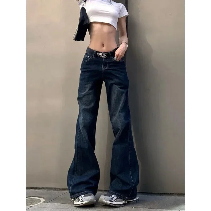 ADVBRIDGE  Y2k Vintage Flared Jeans Women Gyaru Baddies Streetwear Denim Pants Low Rise Korean Fashion Trousers 2000s Aesthetic Trousers Low Rise Relaxed