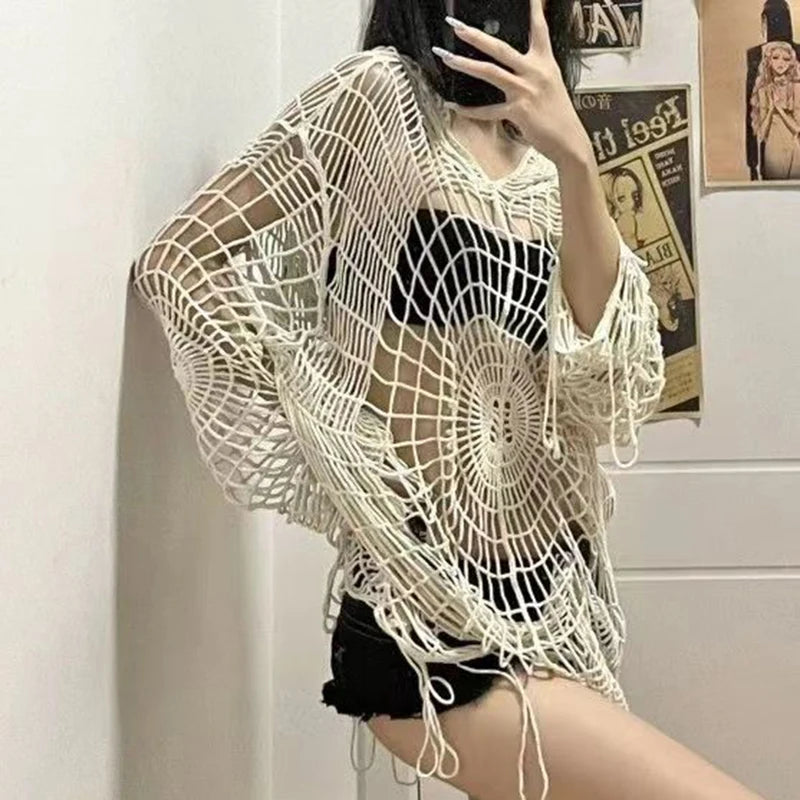 Y2K Hollow Knit Hooded Tops Women Goth Spider Web Spice Girl Mesh Pullovers Female Korean Fashion Fishing Net Sweaters Elegant Classic Vintage