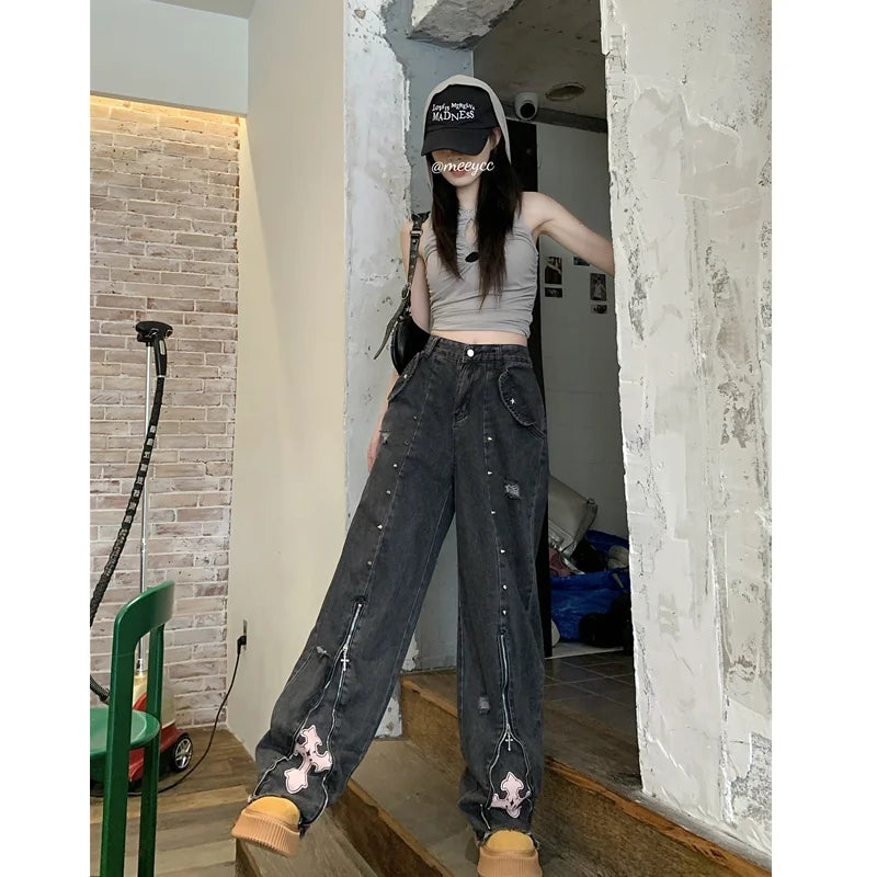 Advbridge Black High Waist Women Jeans Vintage Straight Casual Baggy Punk Hip Hop Y2K Street American Wide Leg Female Trouser Denim Pants Trousers High Rise Slim Fit