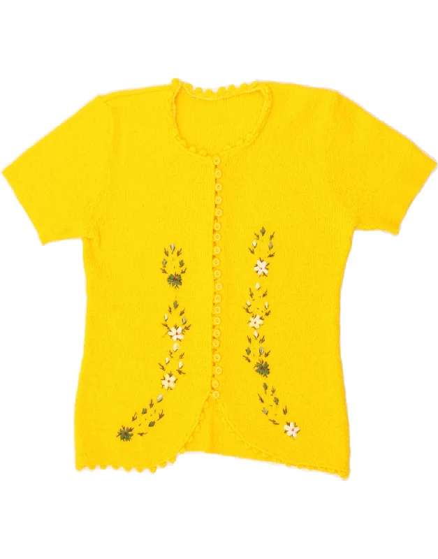 VINTAGE Womens Crop Cardigan Sweater UK 10 Small Yellow Floral Plaid Sweater Polka Dot Checkered