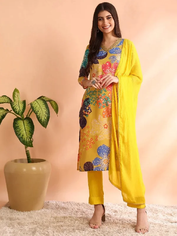 Ahika Women Yellow Cotton Blend Floral Printed Straight Kurta Trouser With Dupatta-PKSKD2492 Trousers Satin Smooth