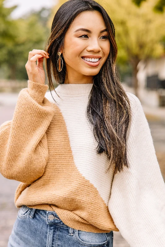 I Need You More Camel Brown Colorblock Sweater Polka Dot Checkered Tartan