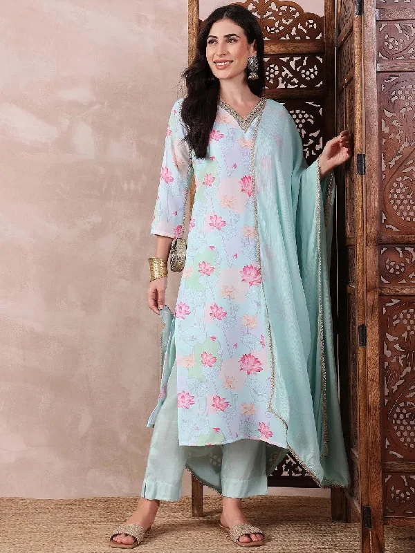 Ahika Women Blue Polyester Floral Printed Straight Kurta Trouser With Dupatta-PKSKD2607 Trousers chic fashionable