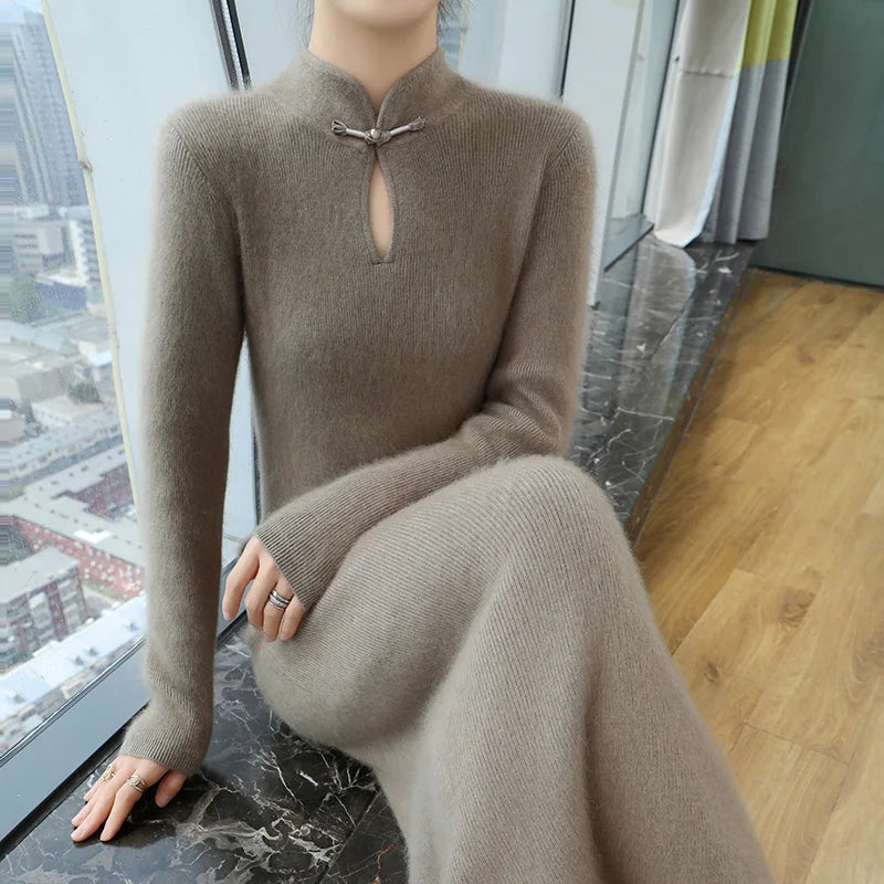 Advbridge 100% Mink Cashmere Dress Women's Stand up collar Pullover Long Skirt Slim Fit Fashion Long Warm Dress Autumn Winter Solid Color Fleece Warm Pullover