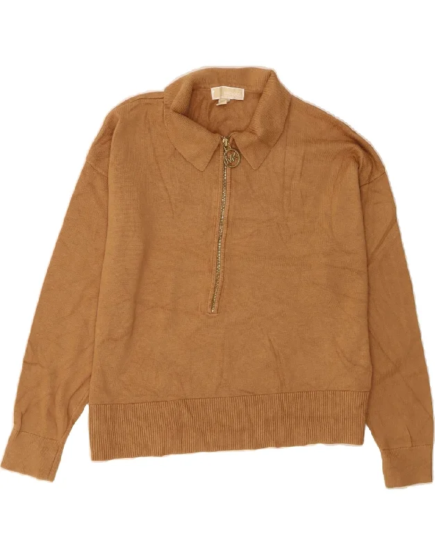 MICHAEL KORS Womens Polo Neck Jumper Sweater UK 14 Medium Brown Cotton Handmade Hand-knitted Hand-woven