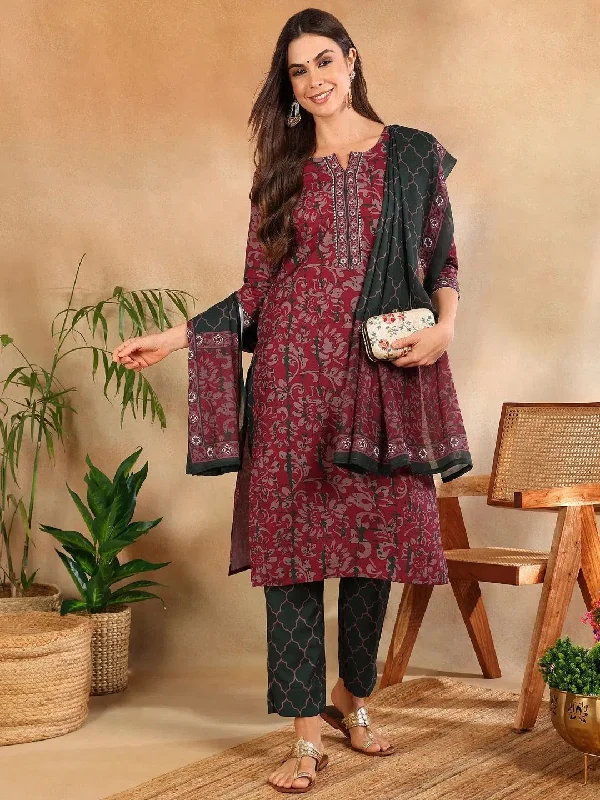 Ahika Women Magenta Rayon Blend Ethnic Motifs Printed Straight Kurta Trouser With Dupatta-VKSKD2248 Trousers Favorite Customer