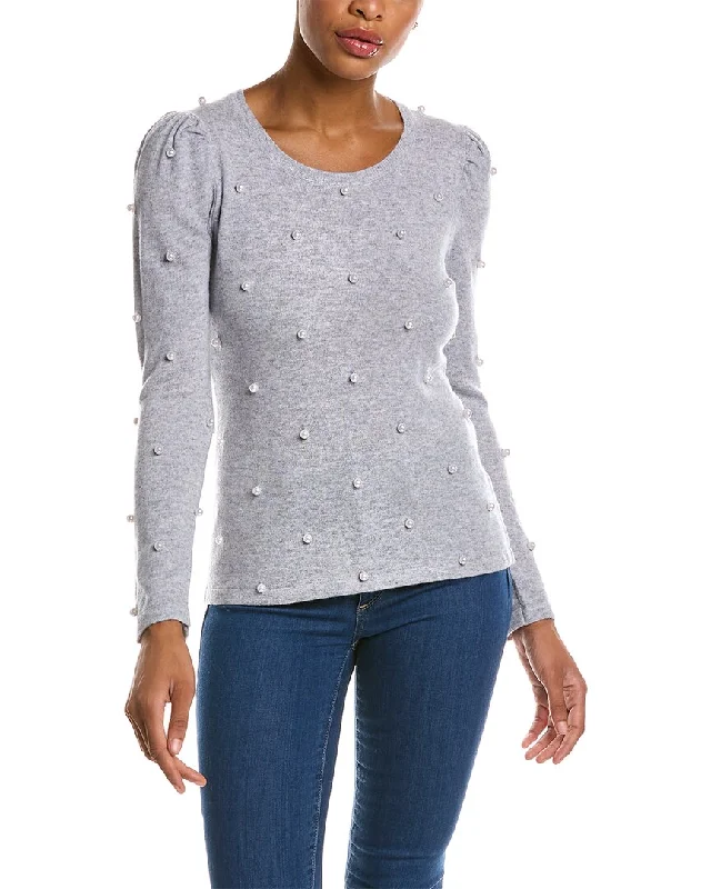 Qi Cashmere Pearl Embellished Wool & Cashmere-Blend Sweater Neon Metallic Matte