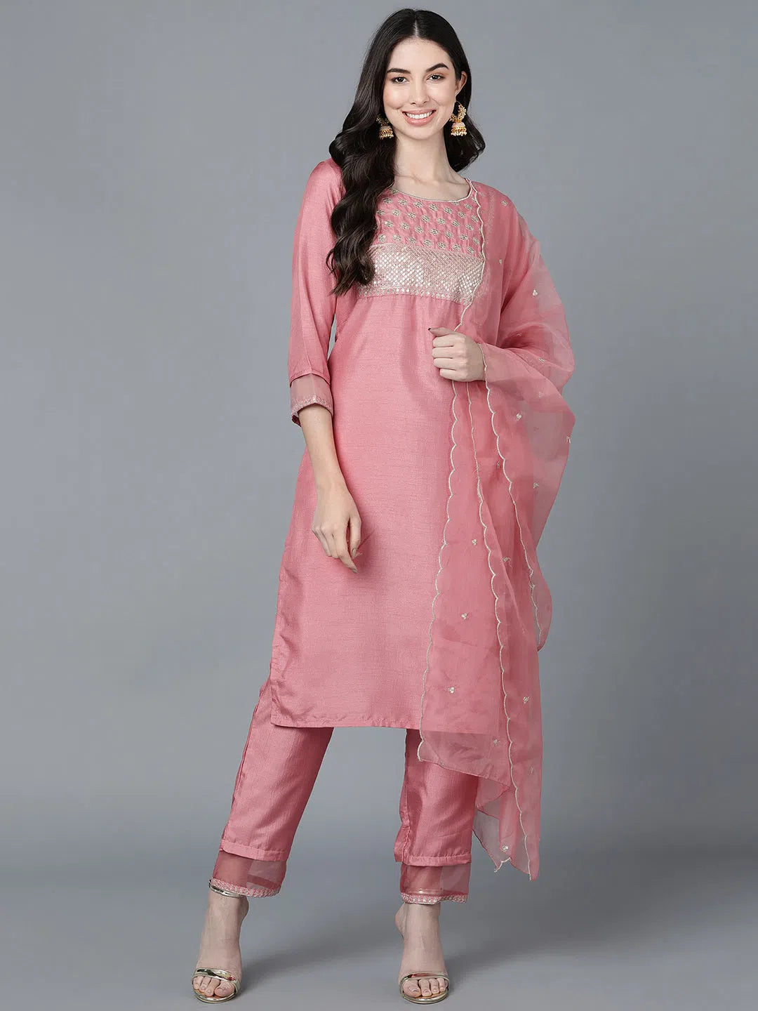 Ahika Poly Silk Embroidered Kurta Trouser With-PKSKD1159A_XS Trousers Striped Patterned