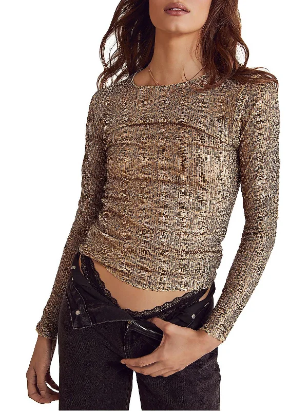 Womens Sequined Raw Boatneck Pullover Top Three Quarter Sleeve