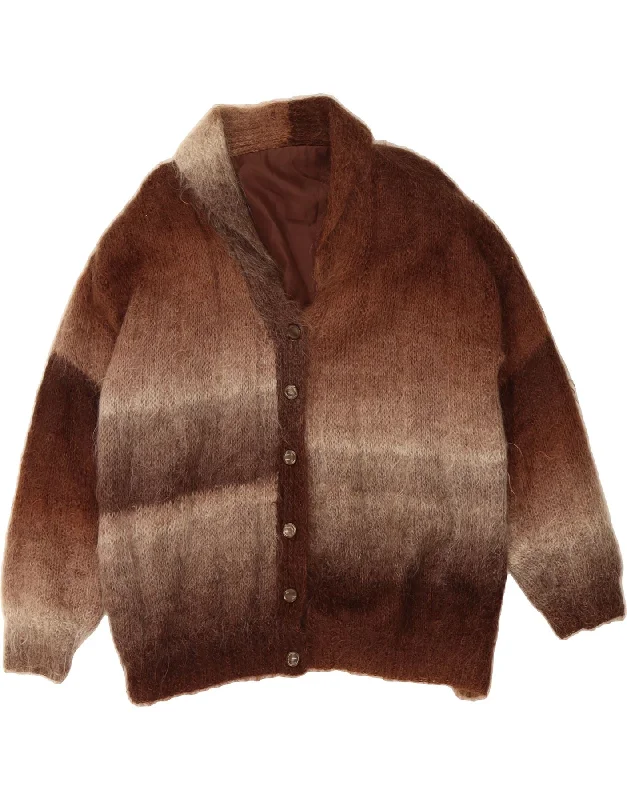 VINTAGE Womens Cardigan Sweater UK 18 XL Brown Striped Mesh Sweater Canvas Denim