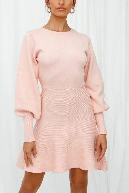 Fashion Blush Ruffle Sweater Dress with Bell Sleeve Striped Floral Plaid