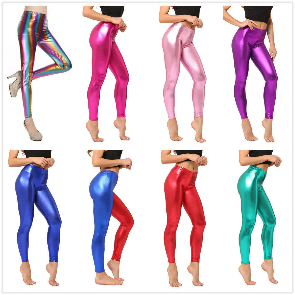 Metallic Color PU Leggings Women Faux Leather Pants Dancing Party Pant Sexy Night Club Skinny Costume Pants Tight Trousers Trousers Striped Patterned