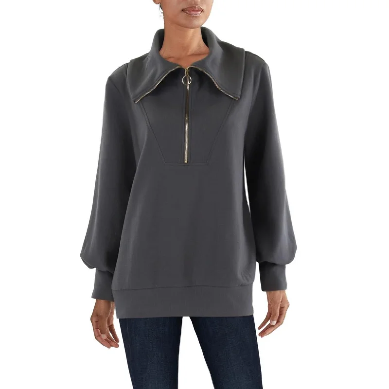 Womens Ribbed Zipper Pullover Sweater Puff Sleeve Stylish