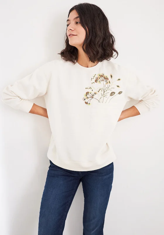 White Stuff Fleur Embroidered Floral Sweatshirt, Cream Hoodie with Mock Neck Collared Structured