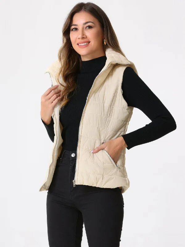 Sleeveless Zipper Winter Hoodie Quilted Jacket Vest Hoodie with Applique Textured Unique