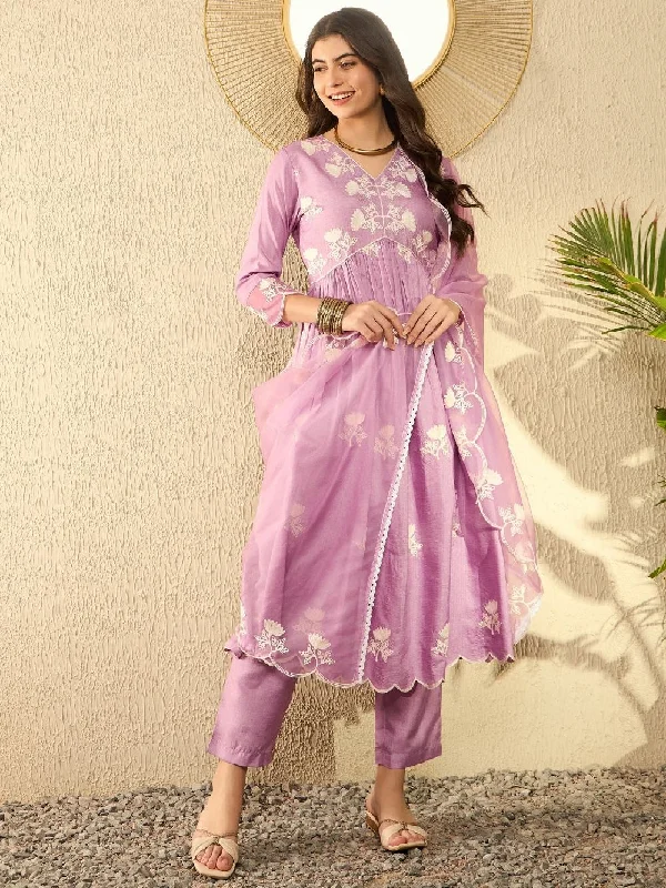 Lavender Silk Blend Solid Embroidered A-Line Kurta Trouser With Dupatta Trousers fashionable chic