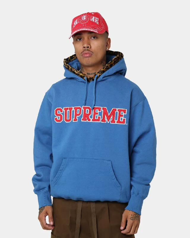 Supreme Leopard Trim Hooded Sweatshirt Blue Hoodie with Ribbed Cuffs Snug Fit Comfort